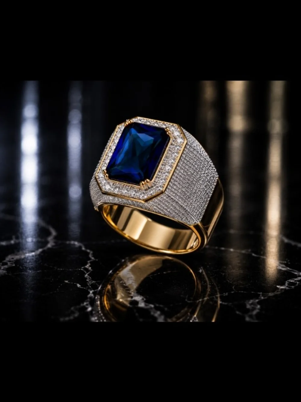 Men's Gold & Silver Tone Ring Size 8 with Deep Blue Center Stone & Cz Crystals